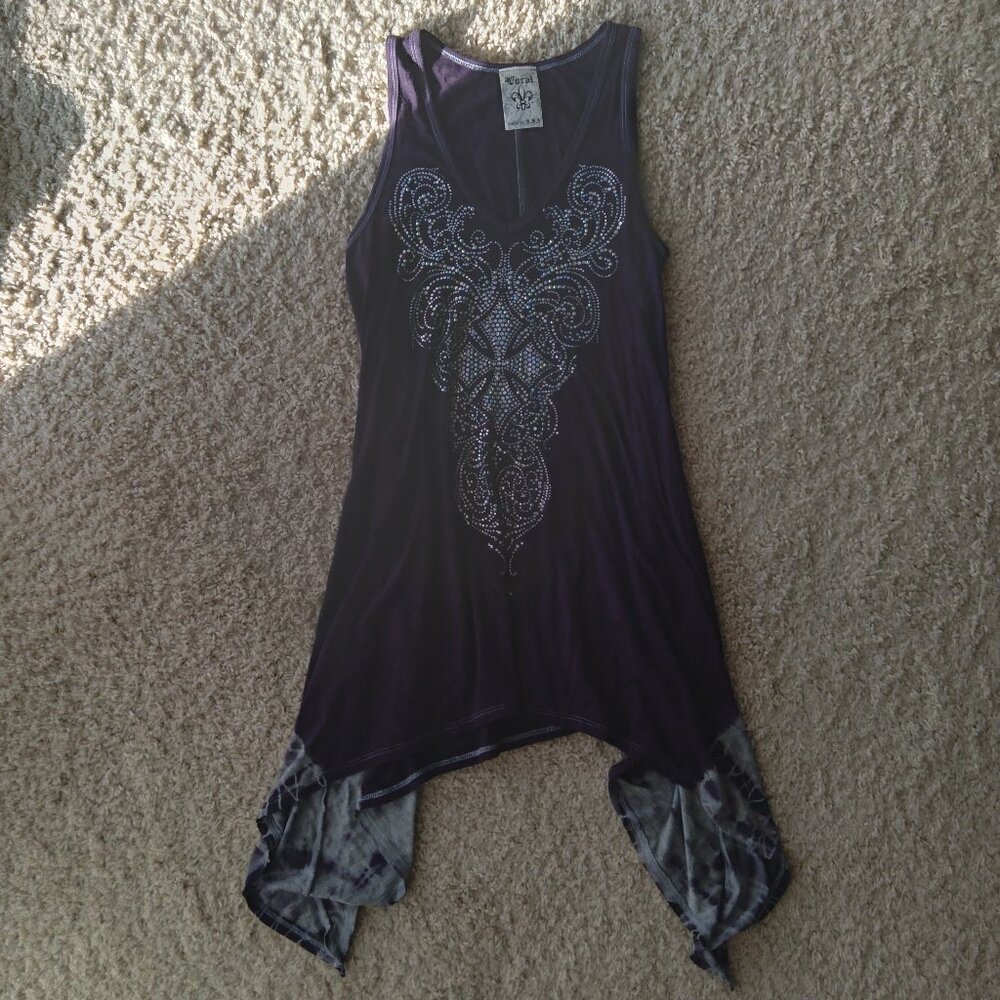 Vintage Y2K Vocal Purple Embellished Rhinestone Cross Asymmetric Tank Top Size S